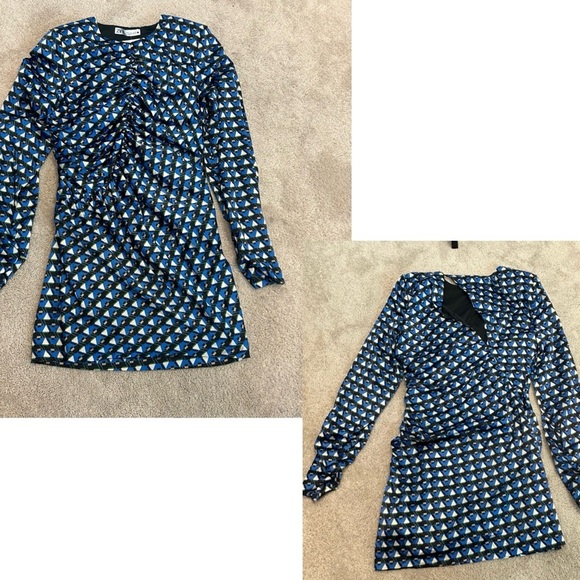Zara blue black satin effect geometric print cutout ruched long sleeve dress L - Picture 11 of 16